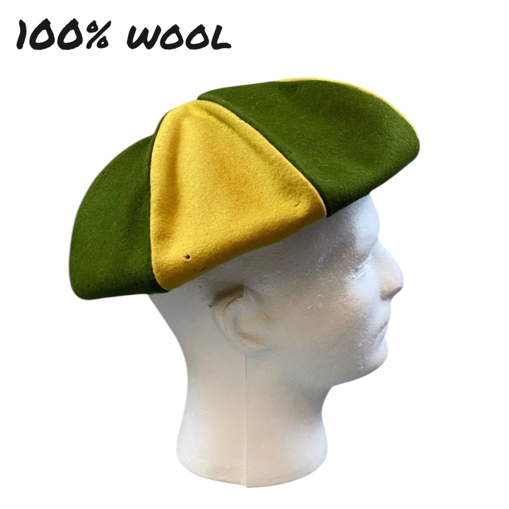 Vintage Two Tone Wool Beret Hat Green Yellow Jester Harlequin Style Costume Cap